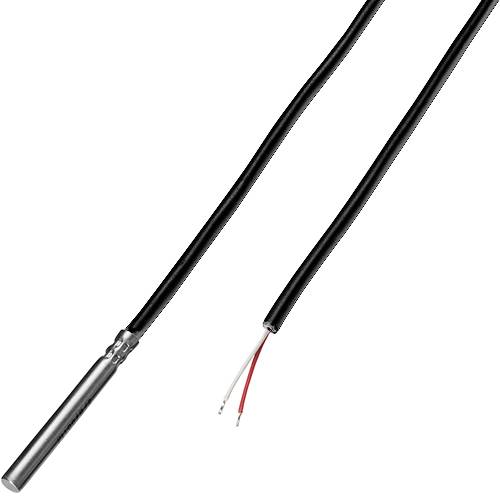 A silver cylindrical sensor on a black cable with exposed red and white ends; presumably a temperature sensor.