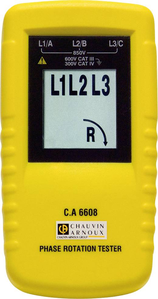 A yellow phase tester displays 'L1 L2 L3' on the screen with an arrow pointing clockwise. Brand name visible at the bottom.