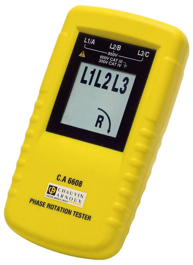 Phase testing device in yellow shows the phase sequence 'L1 L2 L3' on a display.