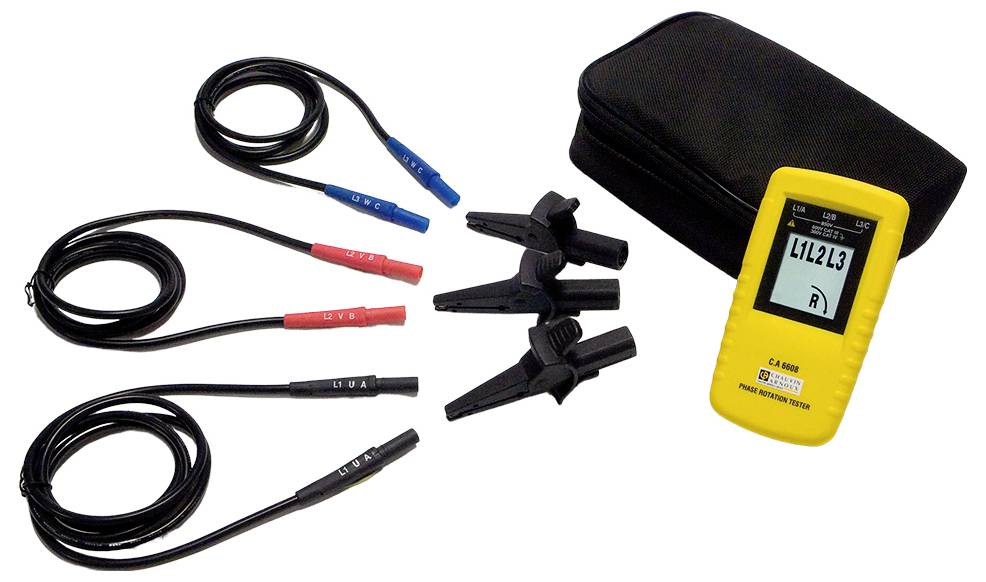 Yellow voltage tester with digital display, three coloured test probes (black, blue, red) and crocodile clips, black carry case.