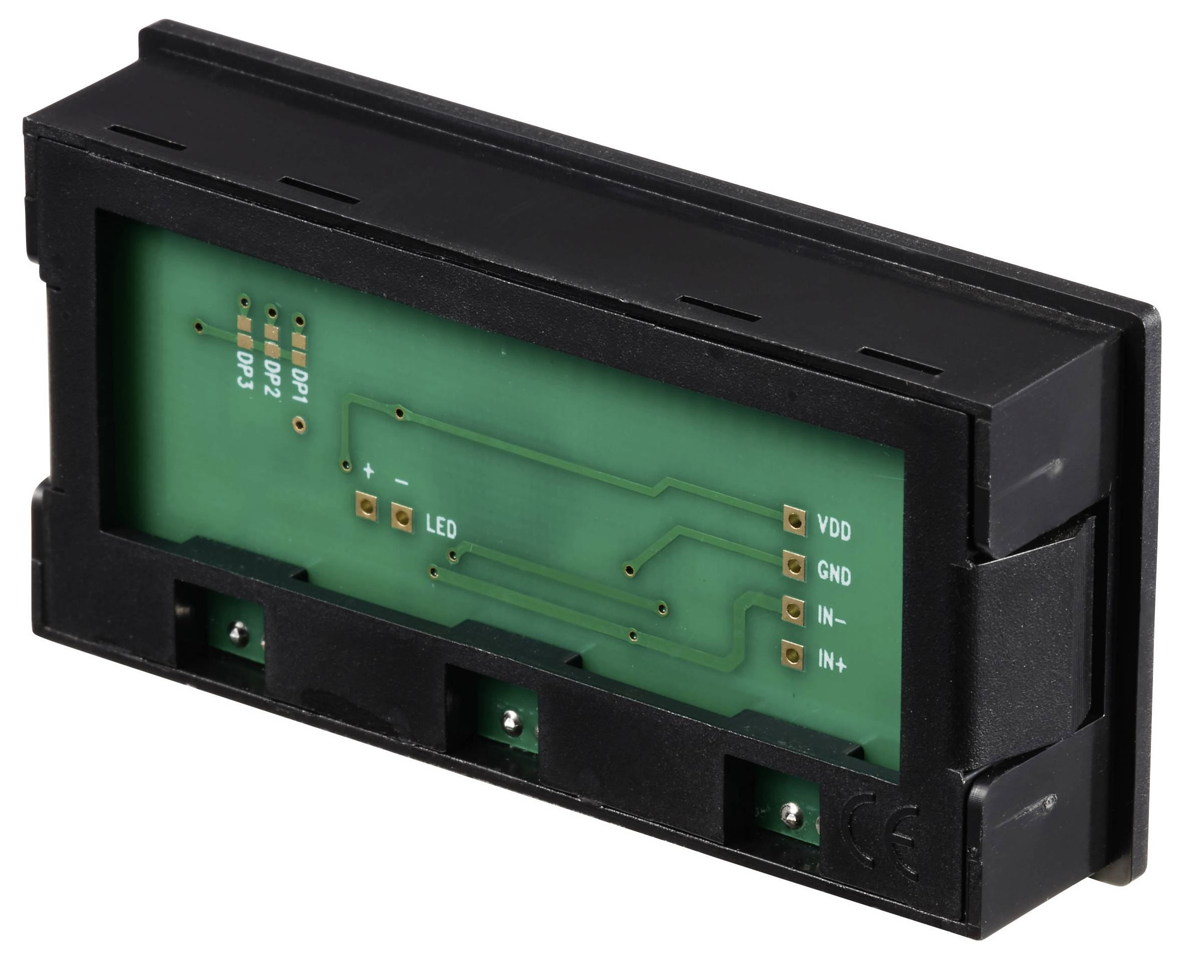 A rectangular electronics module with a green printed circuit board and connectors for VDD, GND, IN-, IN+.