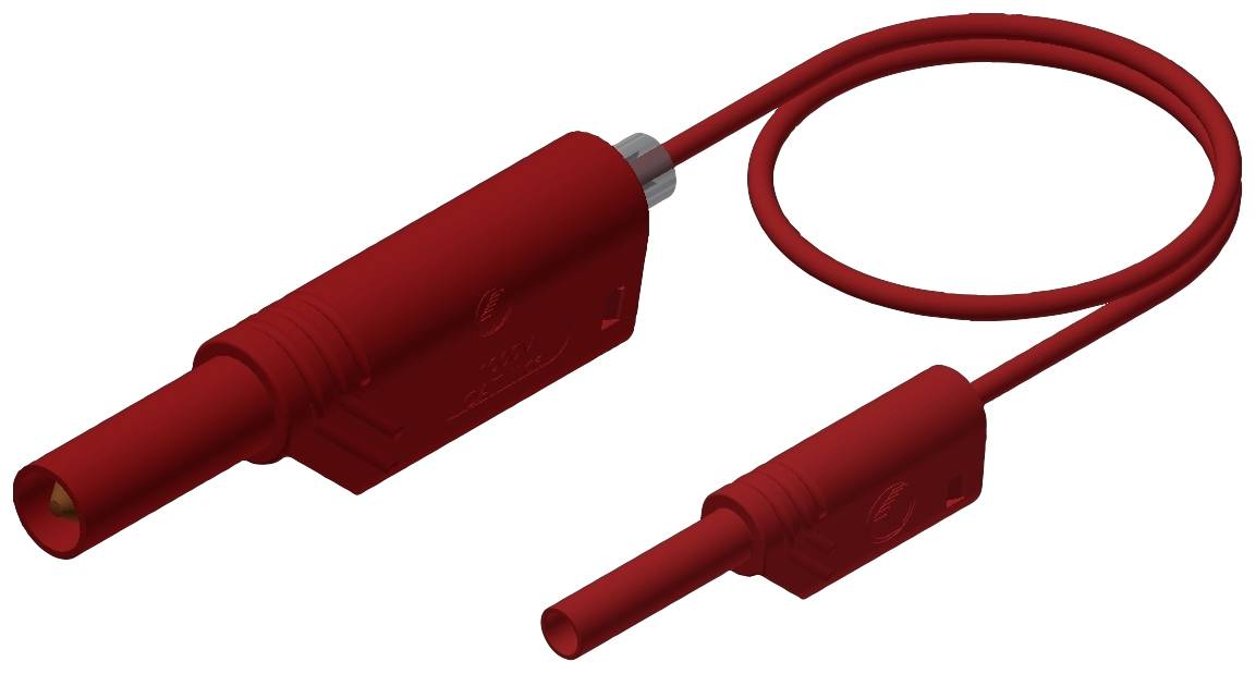 A red electrical cable with two differently sized plugs, suitable for connecting devices or components.
