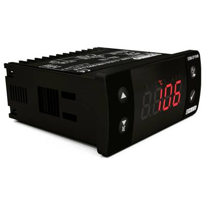 A digital temperature controller with a red LED display showing '105°C'. Black casing with navigation and check buttons on the front.