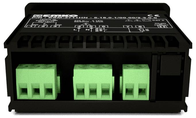 A black electronic device with three green terminal blocks, featuring white printed circuit symbols and specifications on top.