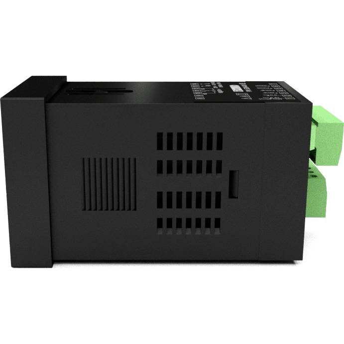 View of a black electrical device with green connection terminals on the right side. Device shows ventilation openings and labelling.