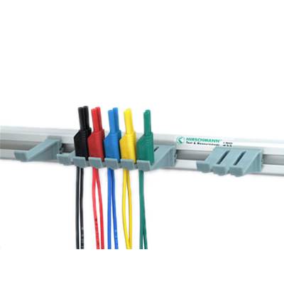 Laboratory cable with colour-coded plugs: black, red, blue, yellow, green, mounted on a holder.