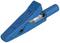 'Blue plastic crocodile clip with metal contact, side view. Used for electrical connections or as a holder.'