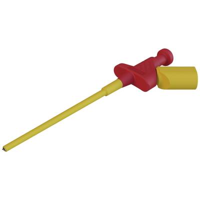 A red and yellow plastic component with a long, narrow rod and a dumbbell-shaped handle.