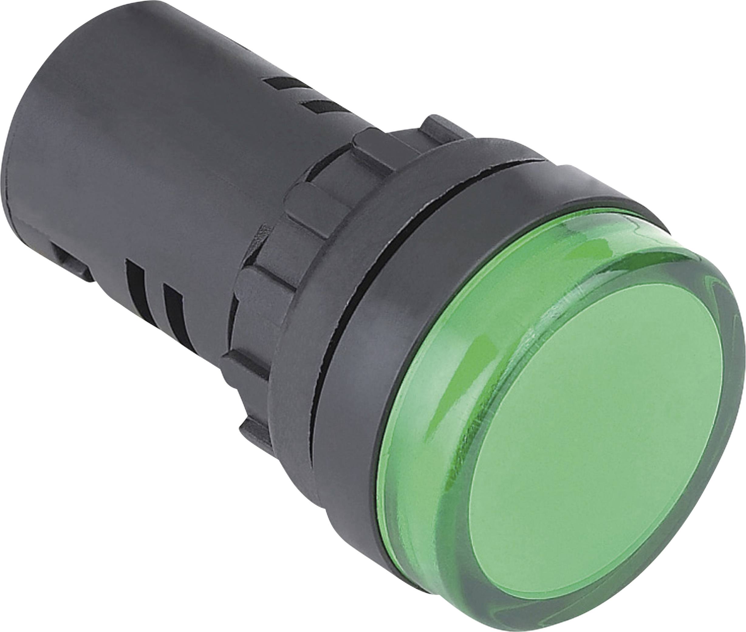 Green round plastic button with a black and green casing, likely for electronic devices or machine control.
