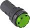 A green round switch or indicator, installed in a black housing. Possibly for status indication in industrial equipment.