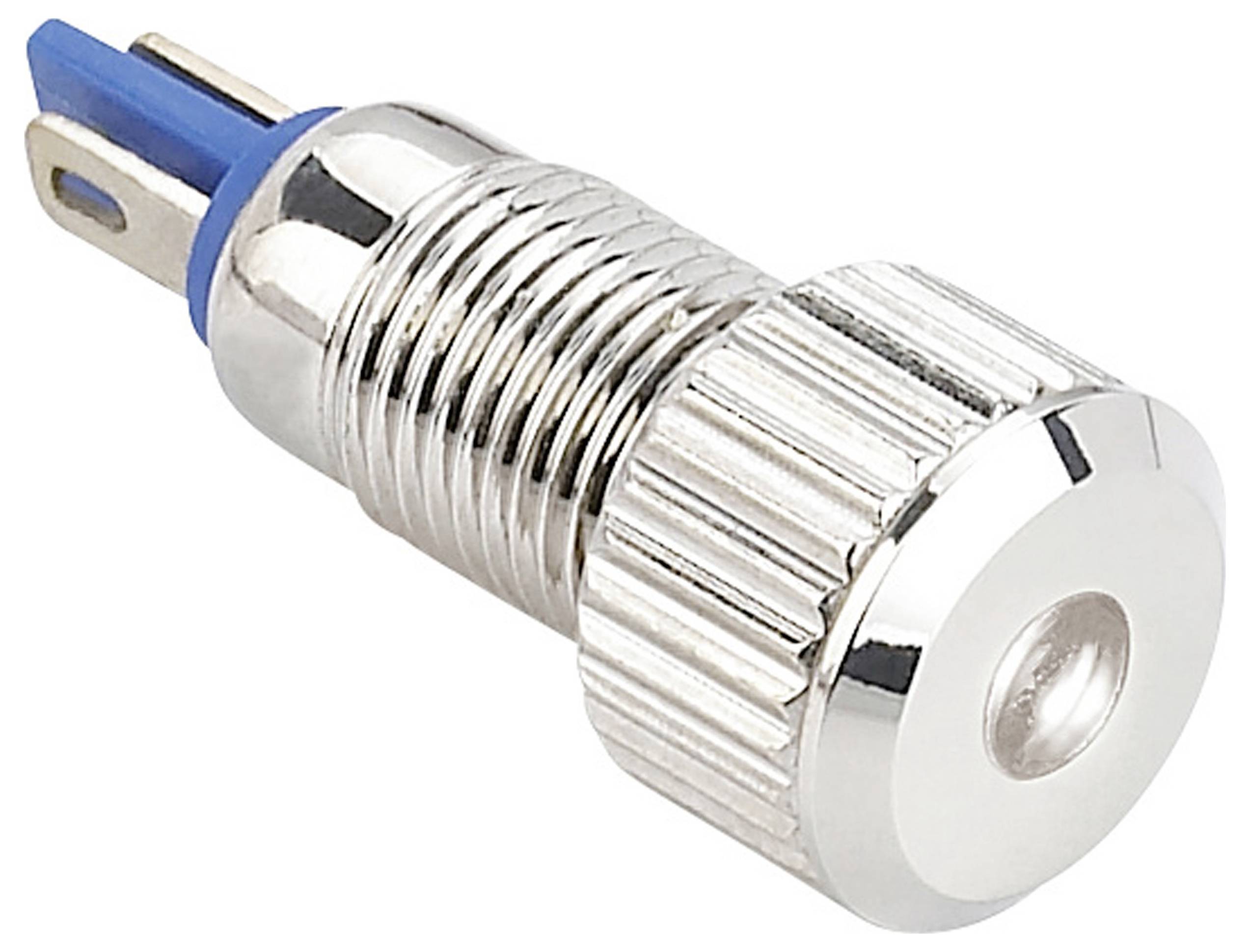 Metal switch with ridged edges and blue base. Used for electronic applications, secured by threading.