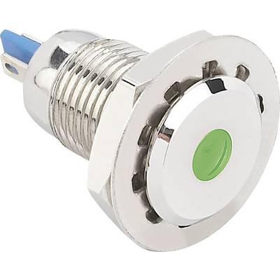 A metallic push button with green LED light and screw terminal. Suitable for electrical switching devices and machine controls.