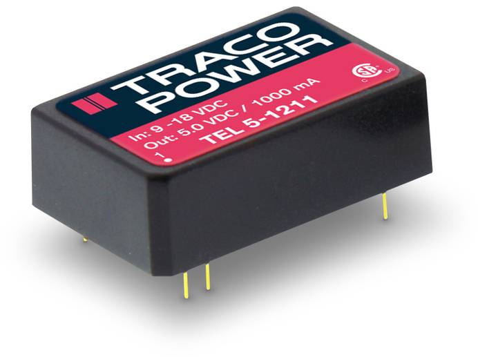 A Traco Power module, model TEL 5-1211, with input of 9-18 VDC and output of 5 VDC/1000 mA. Includes CE marking.