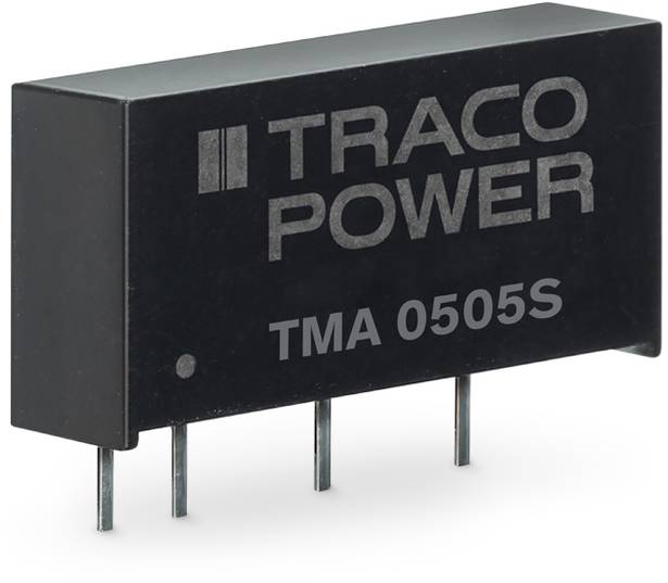 'TRACO POWER' logo on a black electronic component with four pins, model designation 'TMA 0505S' visible.