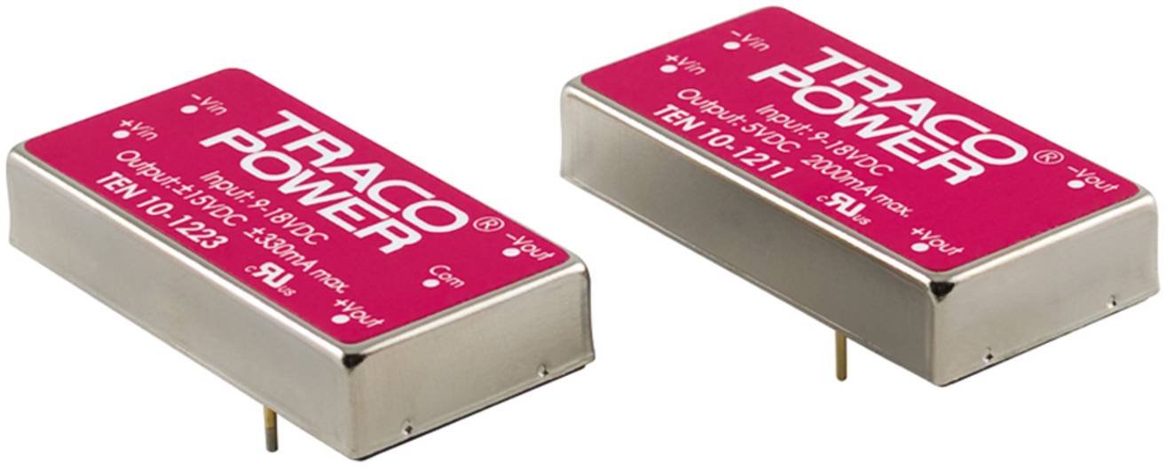 Two red TRACO POWER DC-DC converters with metal enclosures, model numbers TEN 10-1223 and TEN 10-1211, for electrical power conversion.