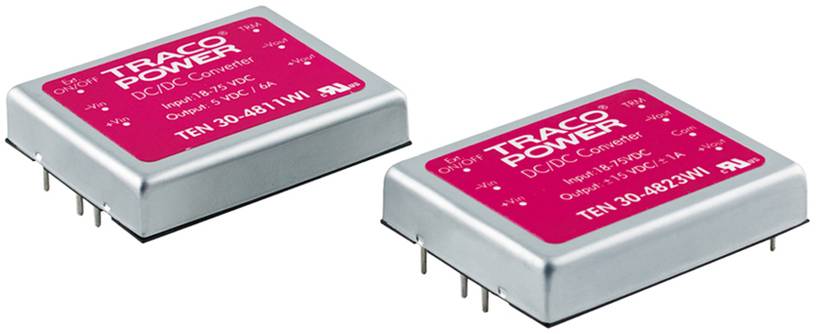 Two silver DC/DC converters from Traco Power, models TEN 30-4811WI and TEN 30-4823WI, side by side with red labelling.