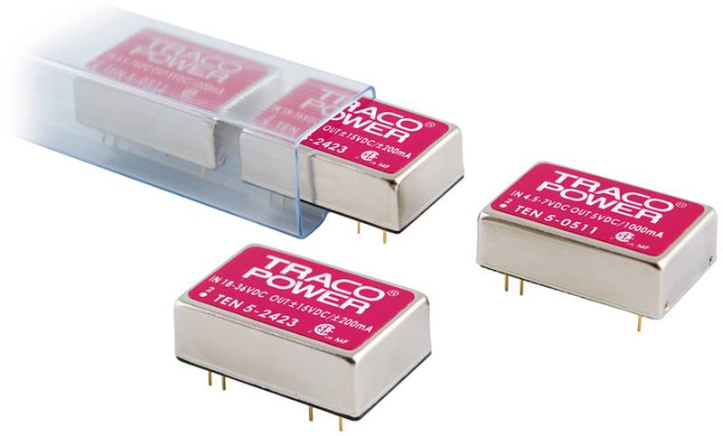 Three Traco Power Modules with red labels displaying model numbers. Two modules are outside and one is in a transparent packaging.