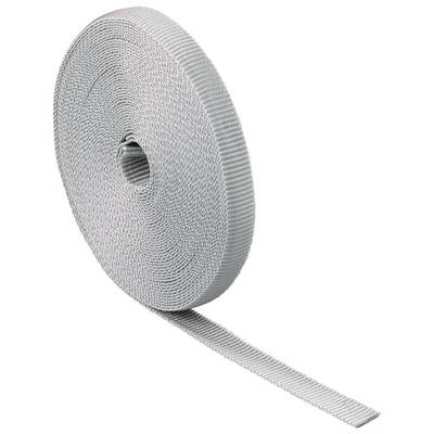 Large roll of gray woven strap or webbing with a loose strip extending out from the coil on a white background.