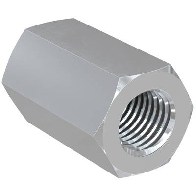 Silver hexagonal metal coupling nut with internal threads, shown on a white background.