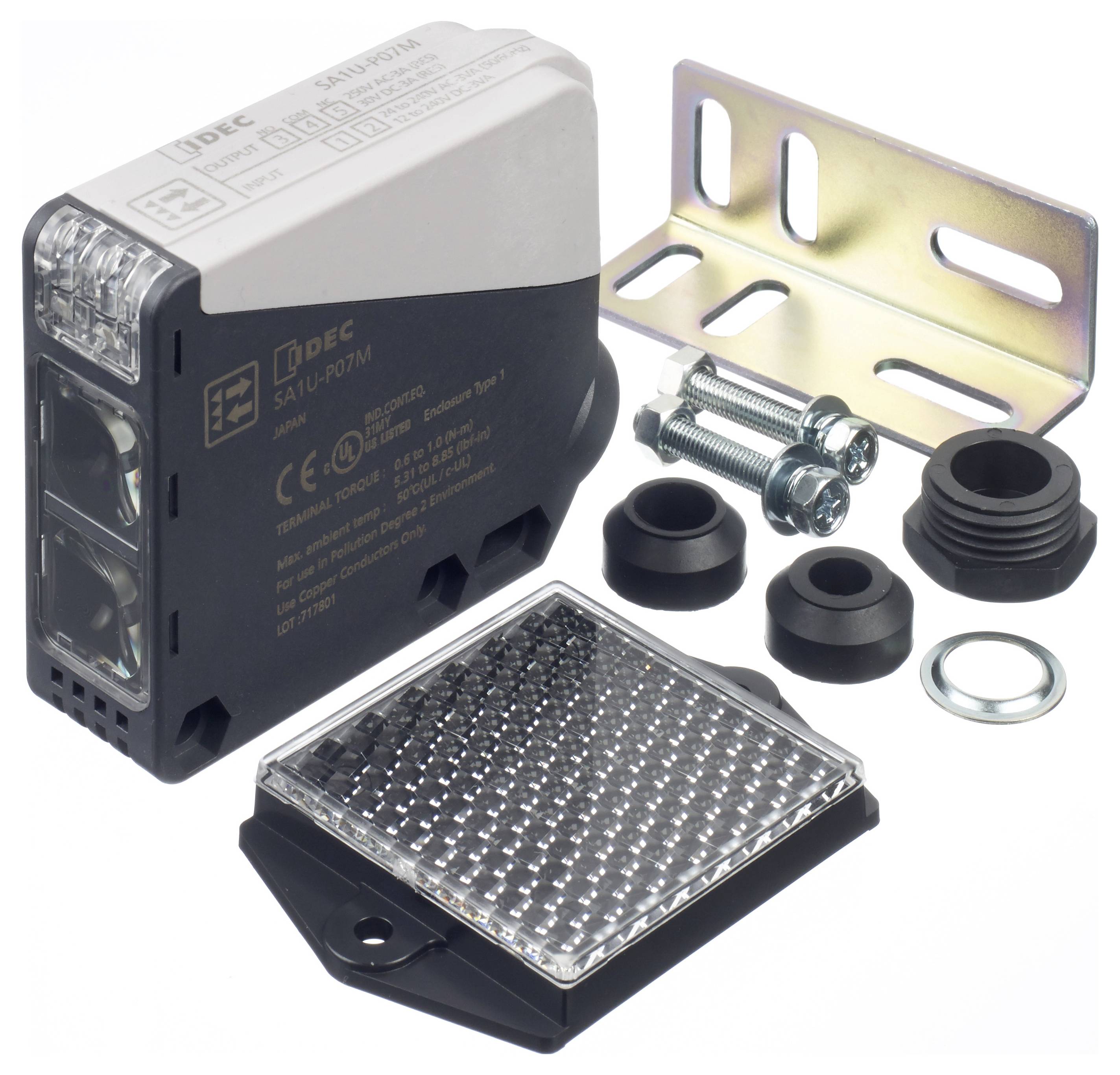 Electronic component set consisting of a sensor, mounting bracket, screws and reflector. Used for detection and positioning.