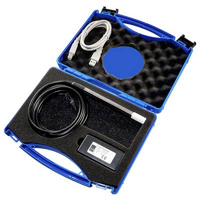 An open blue carrying case with foam insert holds a coiled black cable with white tip, a USB cable, and a small rectangular device.