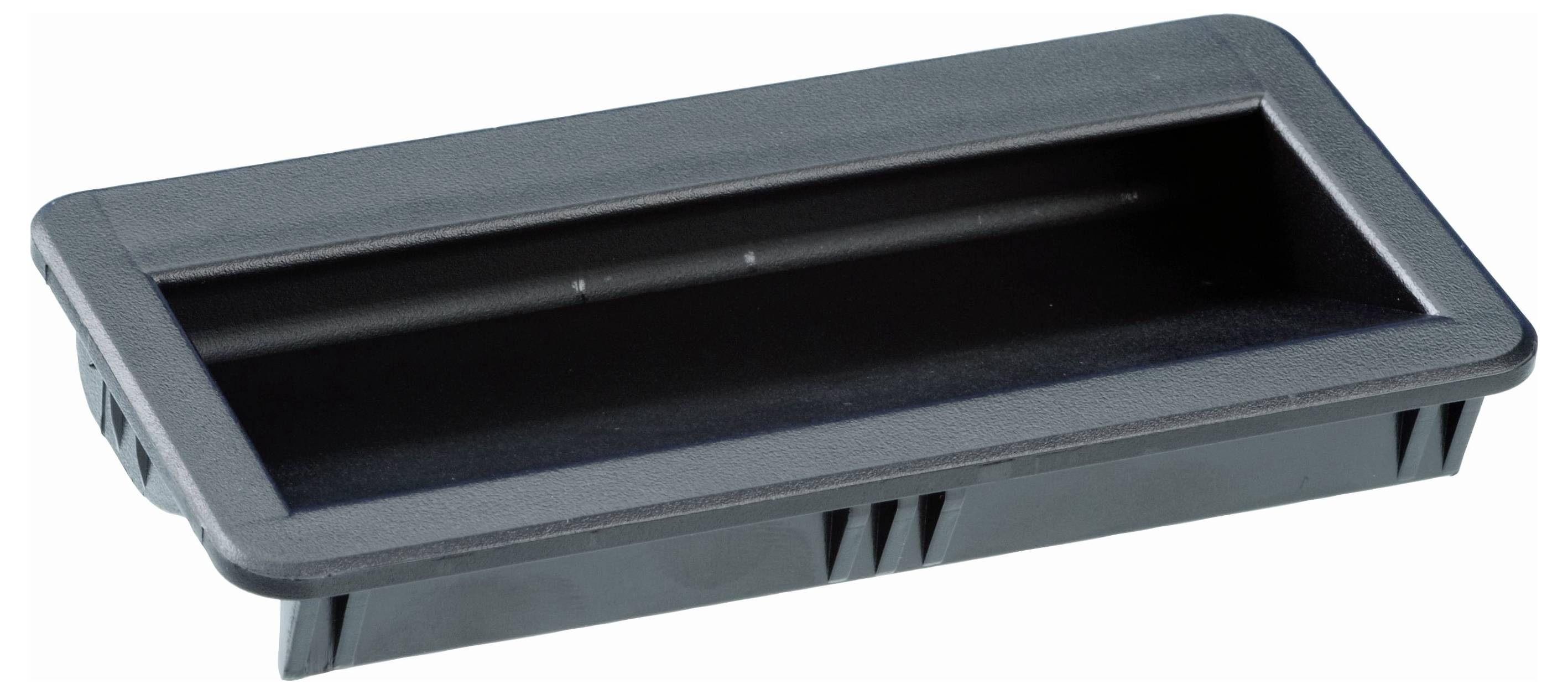Rectangular, black plastic built-in tray with rounded corners and grooves along the sides.