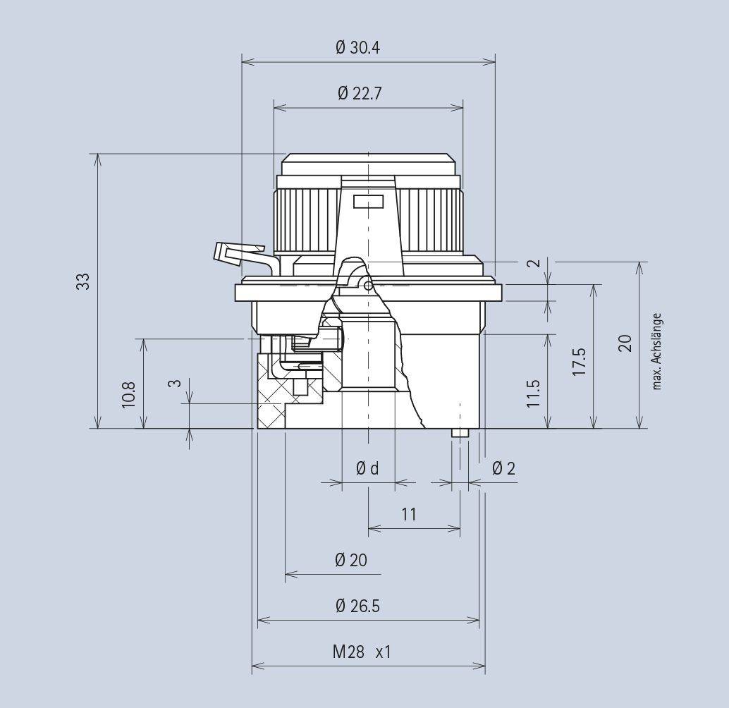 Technical drawing of a switch: cross-sectional view with dimensions in millimetres, showing the diameter and height of various components.