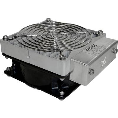 A metallic heatsink with a fan, used for cooling electronic components. The manufacturer's name and technical details are visible on the side.