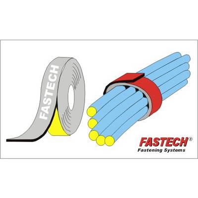 Roll of bandage with 'FASTECH' printed on it and a bundle of blue cables secured with red tape. Logo bottom right: 'FASTECH Fastening Systems'.