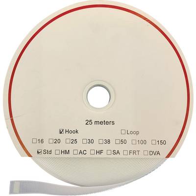 'Roll with hook and loop fastener tape, 25 metres. Options: hook or loop. Various sizes marked: 16 to 150.'