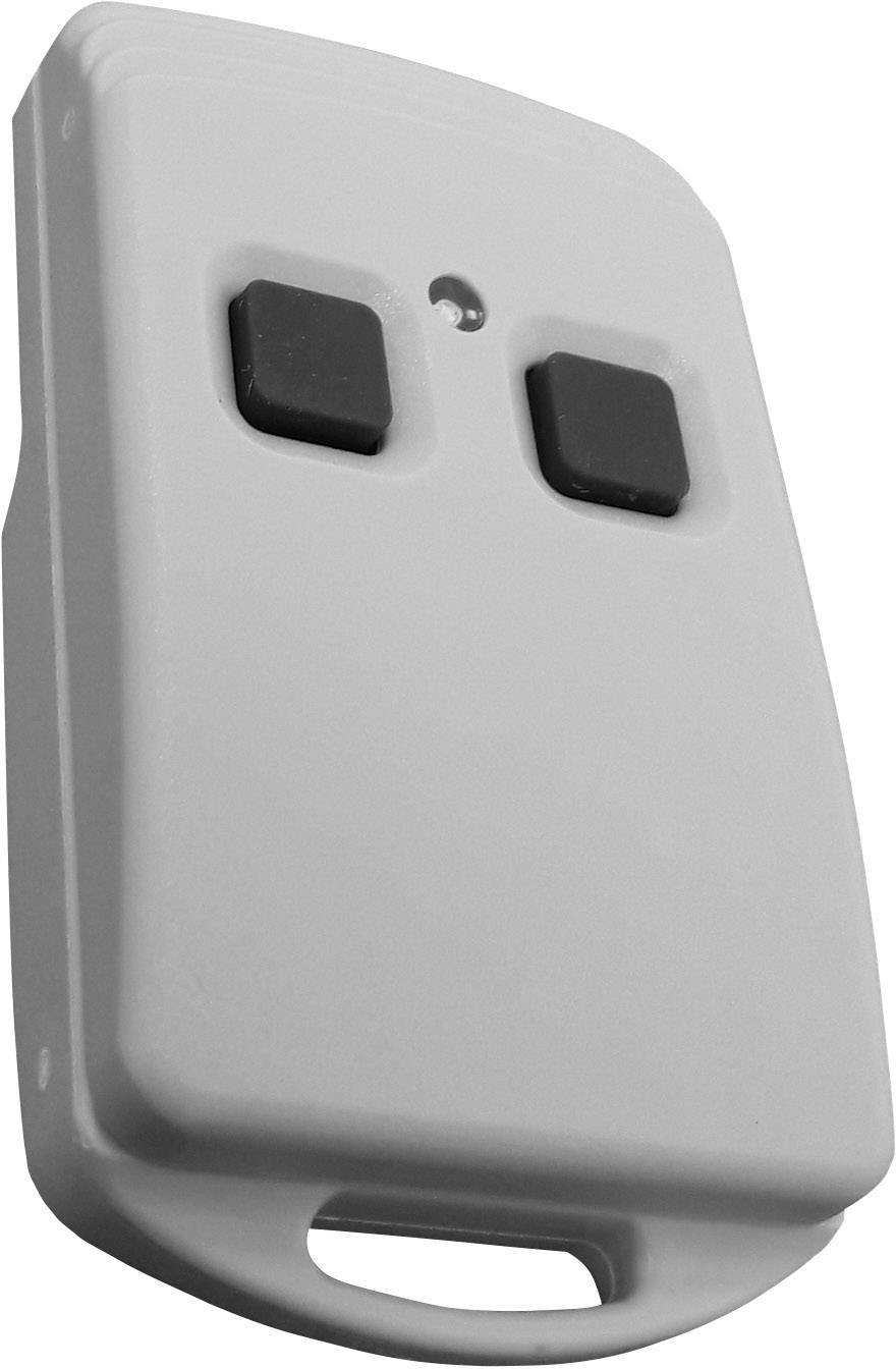 A grey, rectangular remote control with two black buttons.