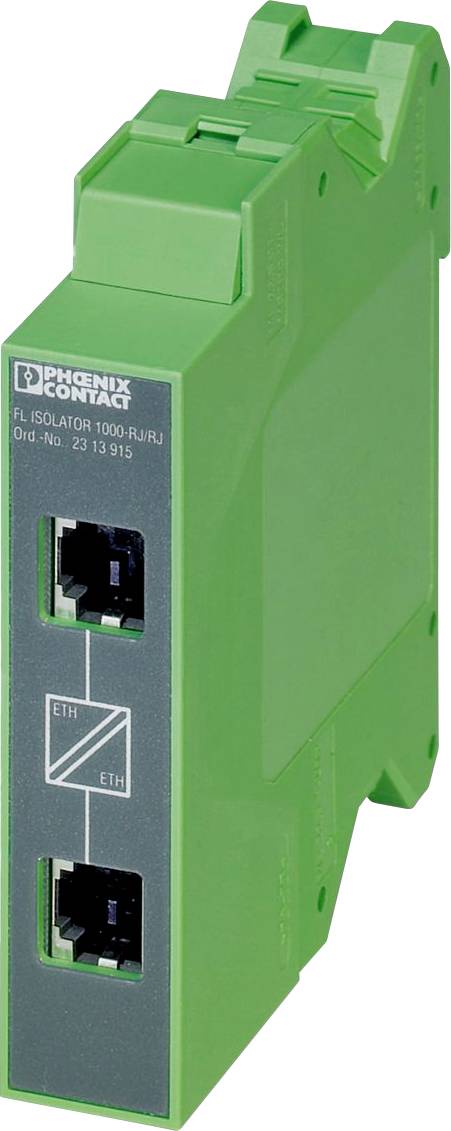 A green Phoenix Contact FL ISOLATOR 1000-AX/.RJ device with two Ethernet ports, used for network isolation and protection in industrial settings.