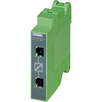 A green Phoenix Contact FL ISOLATOR 1000-AX/.RJ device with two Ethernet ports, used for network isolation and protection in industrial settings.