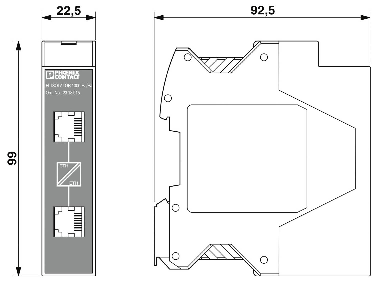'Phoenix Contact RL ISOLATOR 100-IR/1' device dimensions: height 99mm, width 22.5mm, depth 92.5mm.