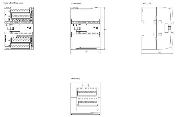 Line drawings of an electrical panel from front, side, and top views, showing dimensions 100x70x74.3, with various compartment details.