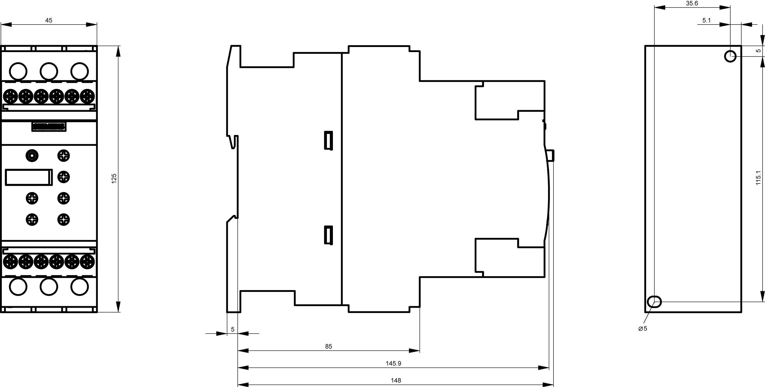 Technical drawing of an electrical device with front, side, and top views. Contains detailed measurements in millimetres.