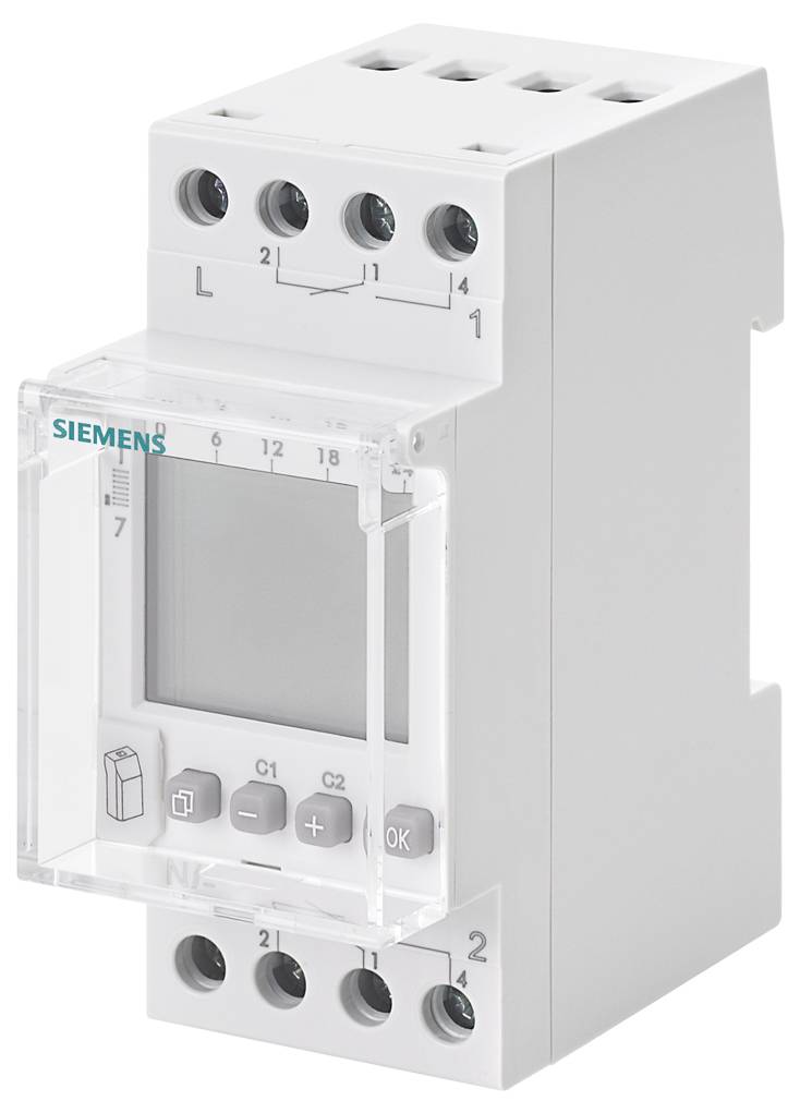 An electronic timer from Siemens. It has a digital display and multiple connections, suitable for controlling electrical systems.