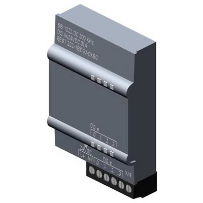 The image shows a gray electrical module labeled 'SB 1222 DC 200 kHz' with connectors for 'DQ' and power input, featuring numbered ports.