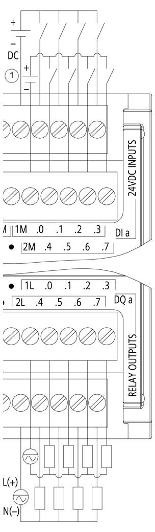 'Diagram of electrical wiring connections with labeled sections for DC inputs, relay outputs, and terminals for positive and negative lines.'