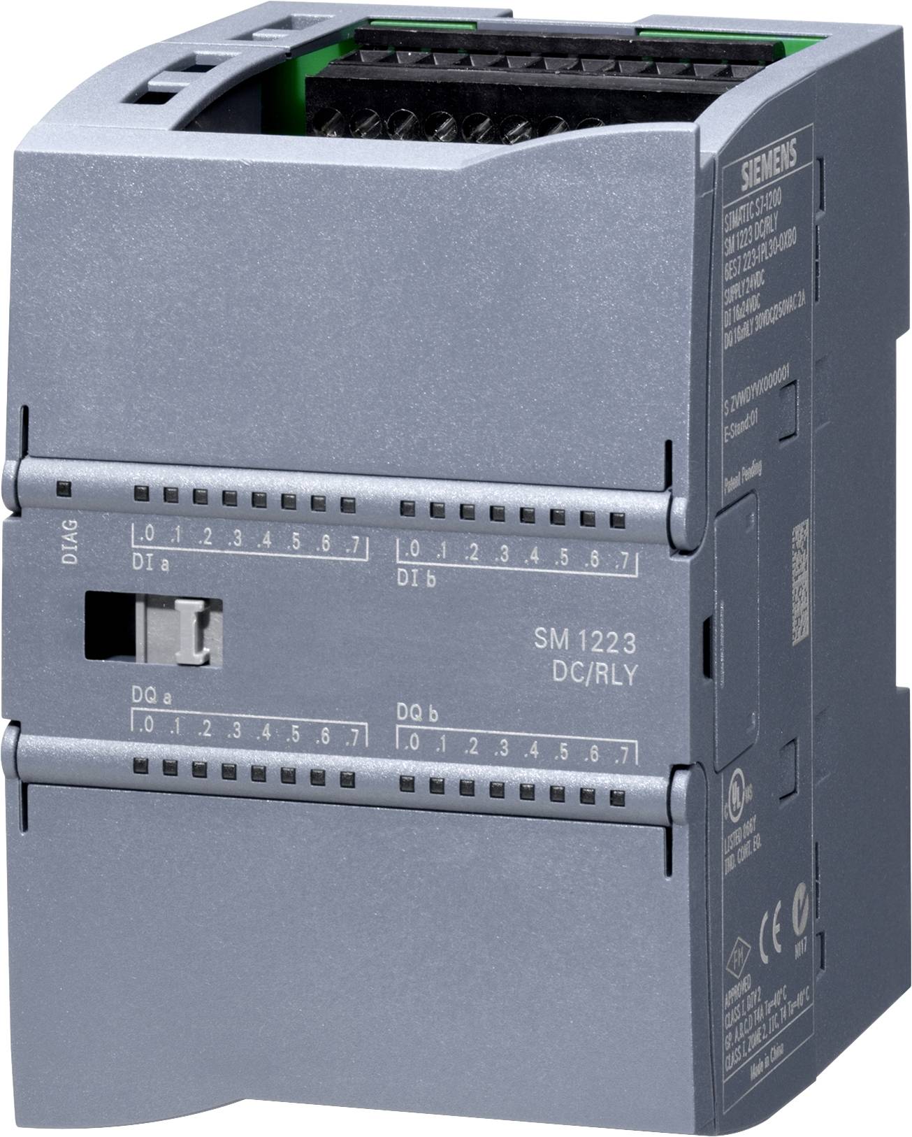 'Siemens SM 1223 DC/RLY' programmable logic controller module, grey plastic casing with labeled ports and a switch on the front.