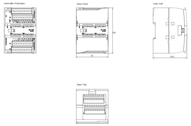 Technical diagrams illustrate the dimensions and layout of an electrical panel from various angles: front, front open, left, and top.