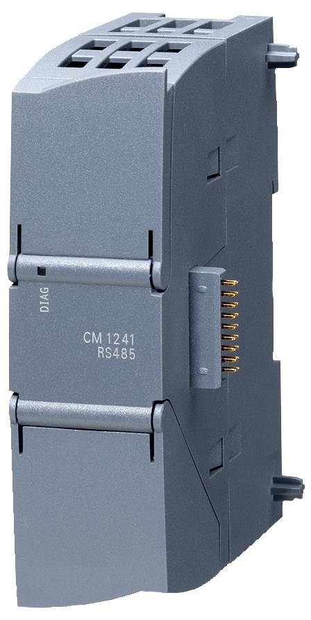 'CM 1241 RS485' communication module with side connectors. Used for interfacing automation systems with external RS485 communication networks.