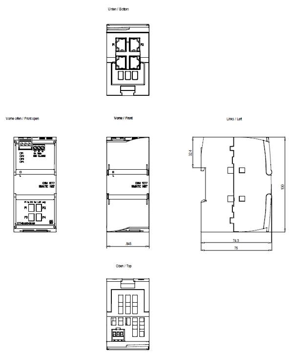 Technical drawings of a device from multiple views: front, back, top, bottom, left, and open front, with dimensions and component layout.