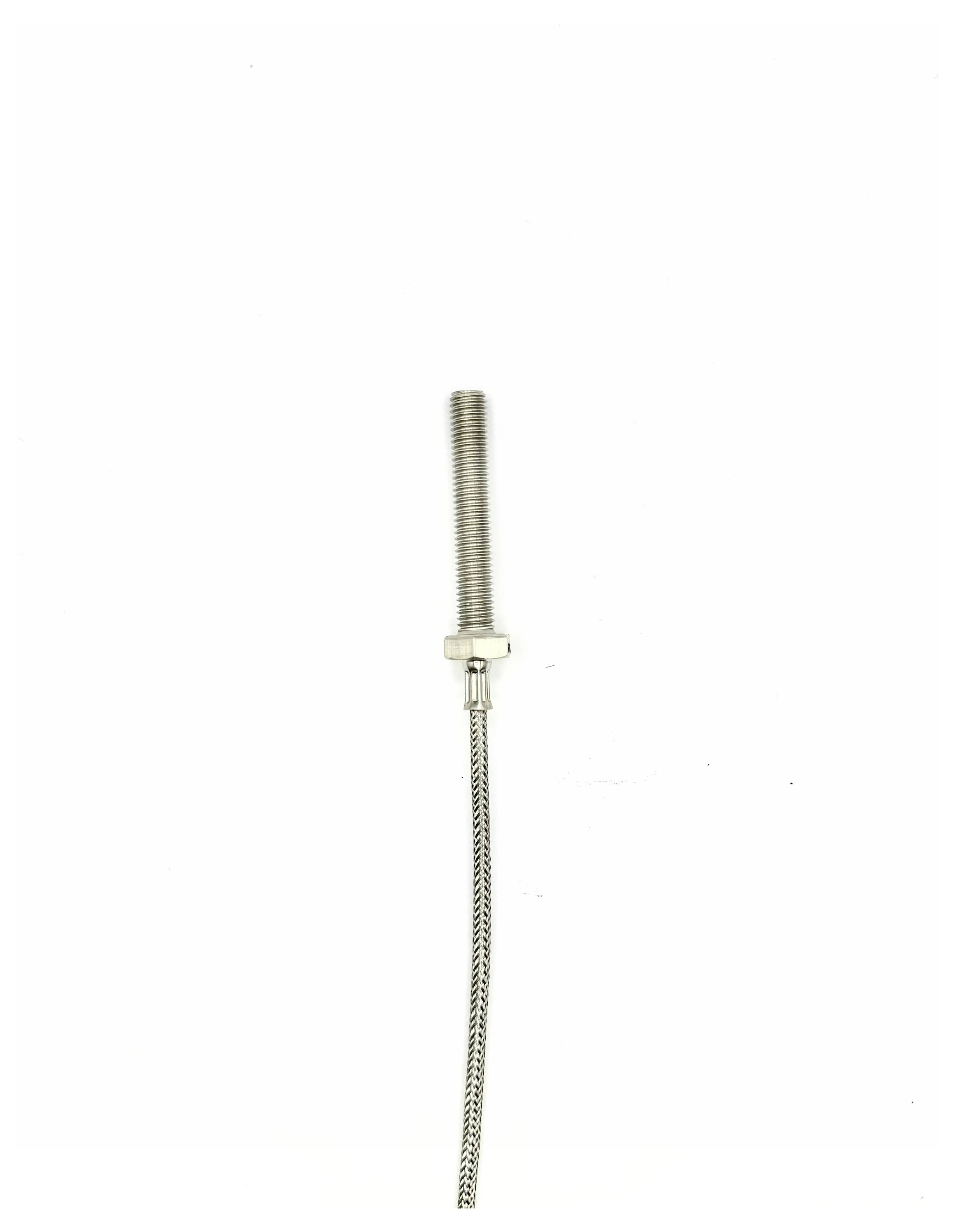 A metallic threaded sensor with an extended wire, isolated on a white background.