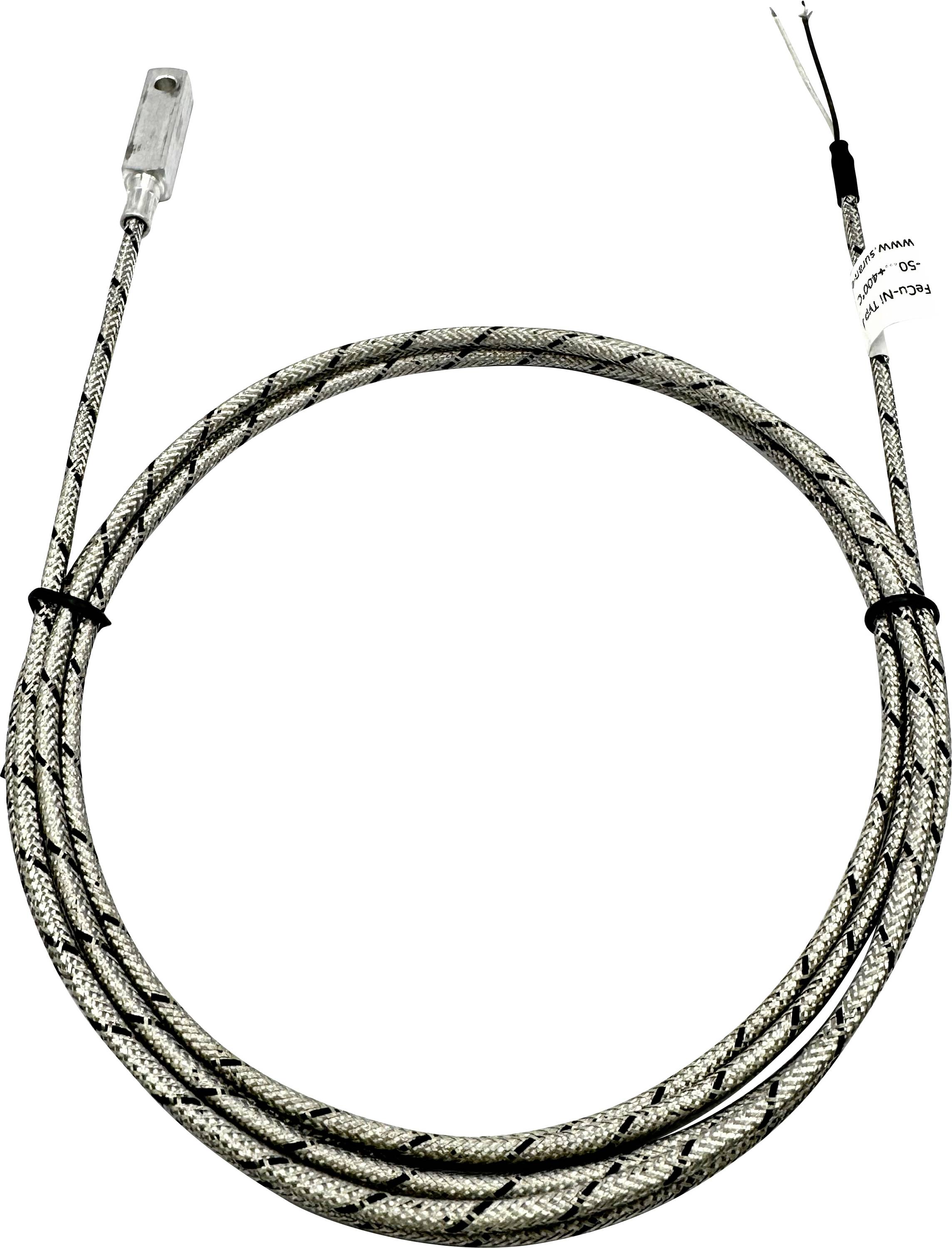 A twisted metal cable looped neatly with a connector at one end and two exposed wires at the other, possibly for industrial use.