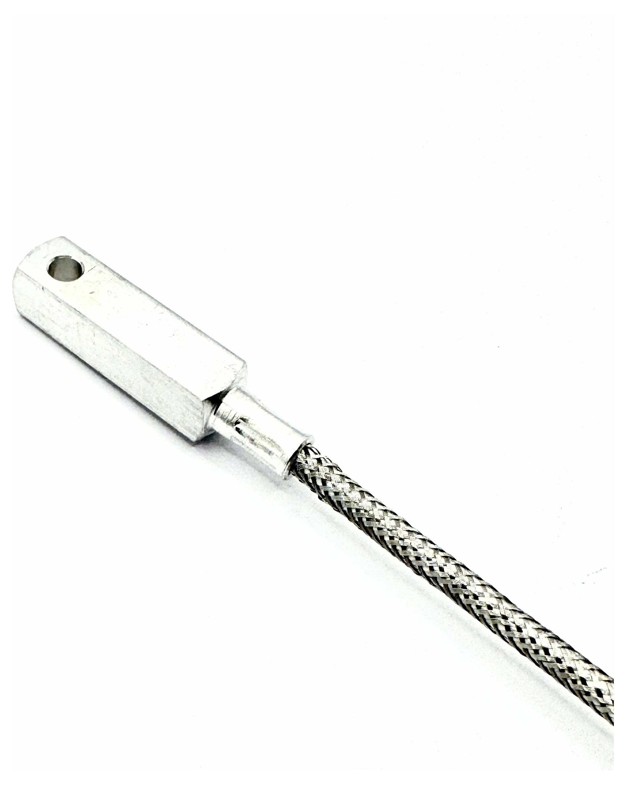 A braided metal grounding strap with a rectangular terminal and mounting hole on a white background, used for electrical grounding.