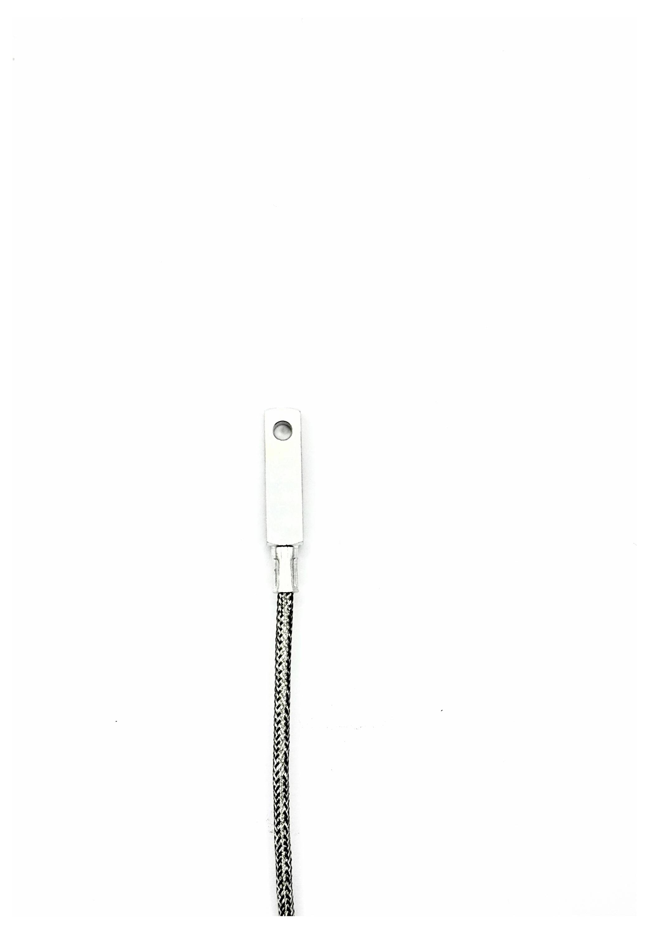 'A white temperature sensor with a braided metal cable extending from it, set against a plain white background.'