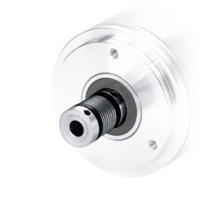 Close-up of a metallic circular mechanical component with a threaded central shaft, shown on a white background.<br>