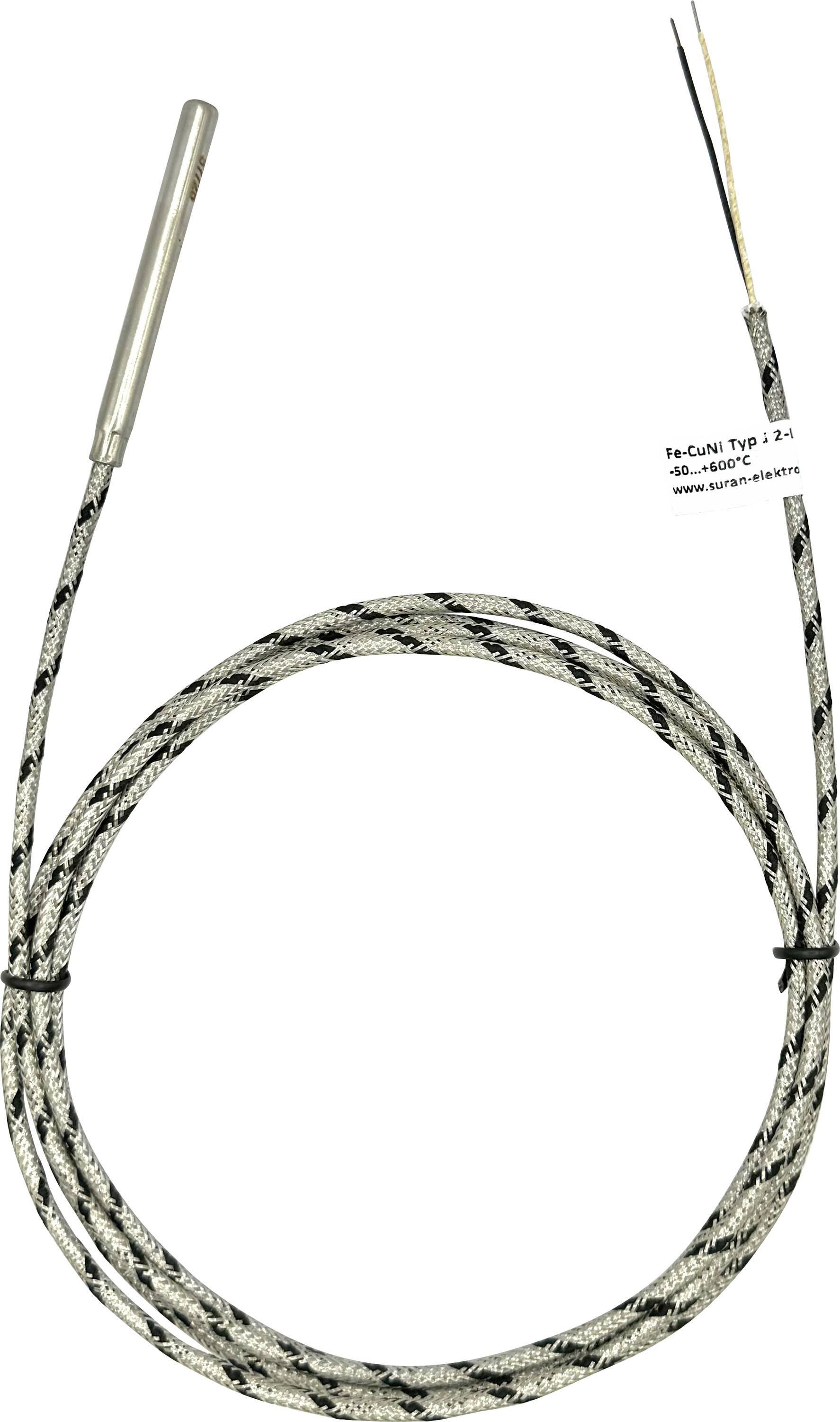 A thermocouple with a stainless steel probe and braided wire, used for temperature measurement in industrial applications.
