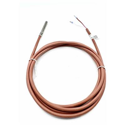 A coiled, brown temperature sensor cable with a metal probe, two exposed wires at the end, and a label attached to the cable.